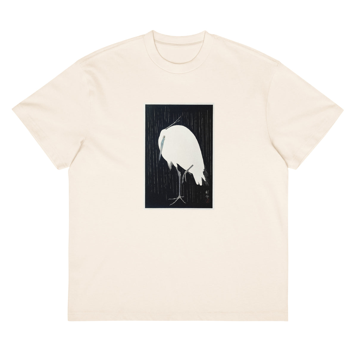 White T-shirt Egret In The Rain - Ohara Koson 1925 Signature