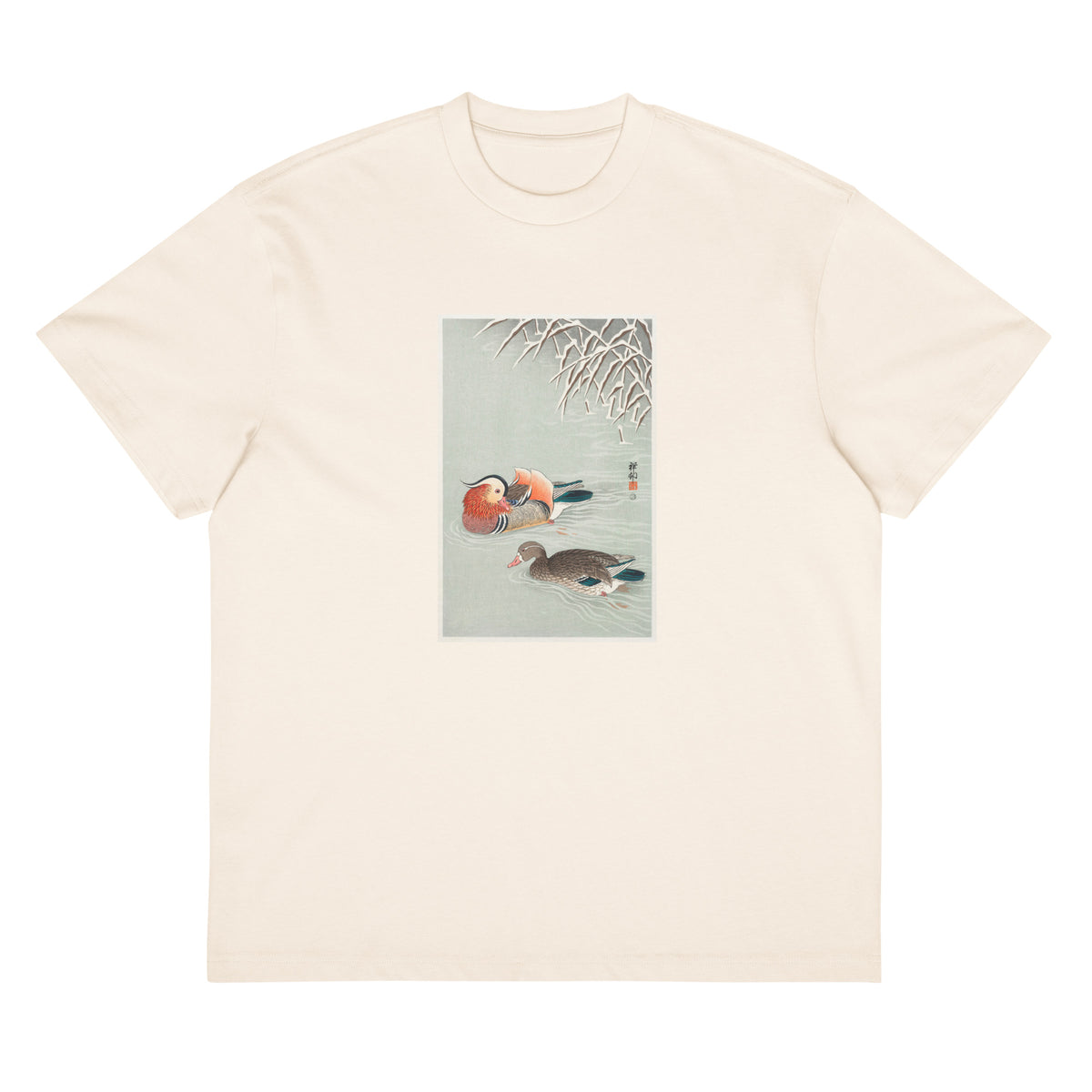 White T-shirt Mandarin Ducks - Ohara Koson 1925 Signature