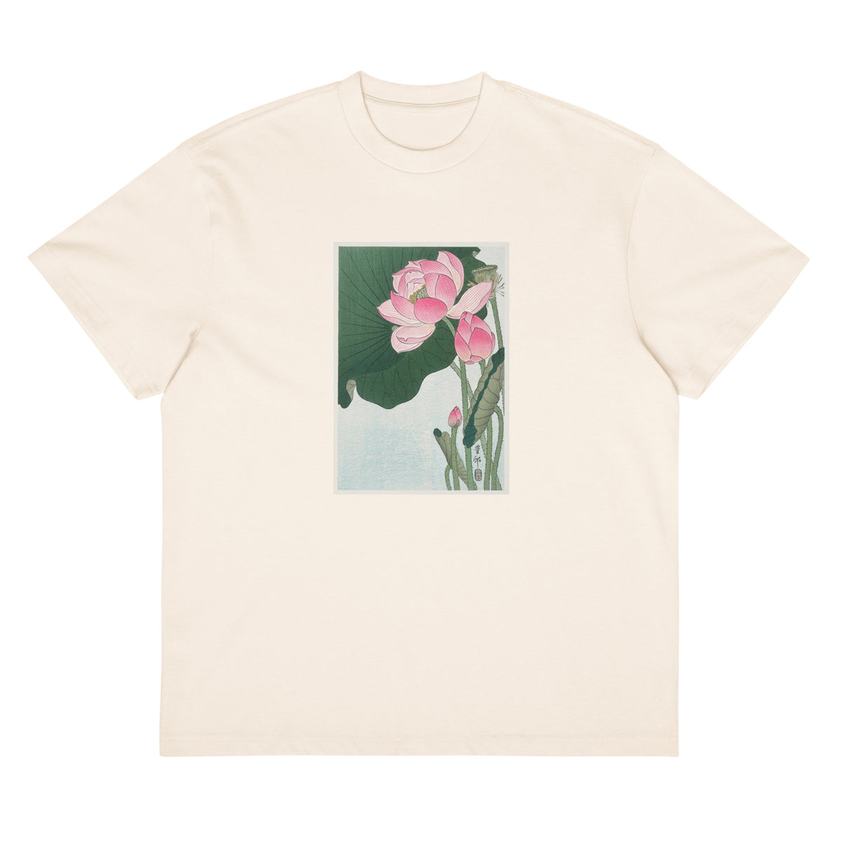 White T-shirt Blooming Lotus Flowers - Ohara Koson 1920 Signature