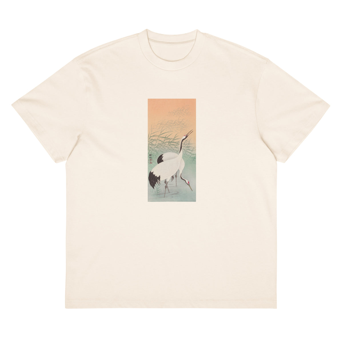 White T-shirt Two Cranes - Ohara Koson 1925 Signature
