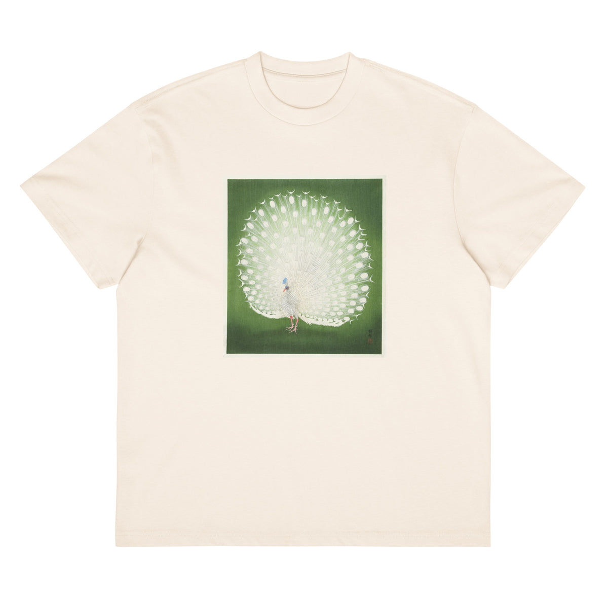 White T-shirt Peacock - Ohara Koson 1925 Signature