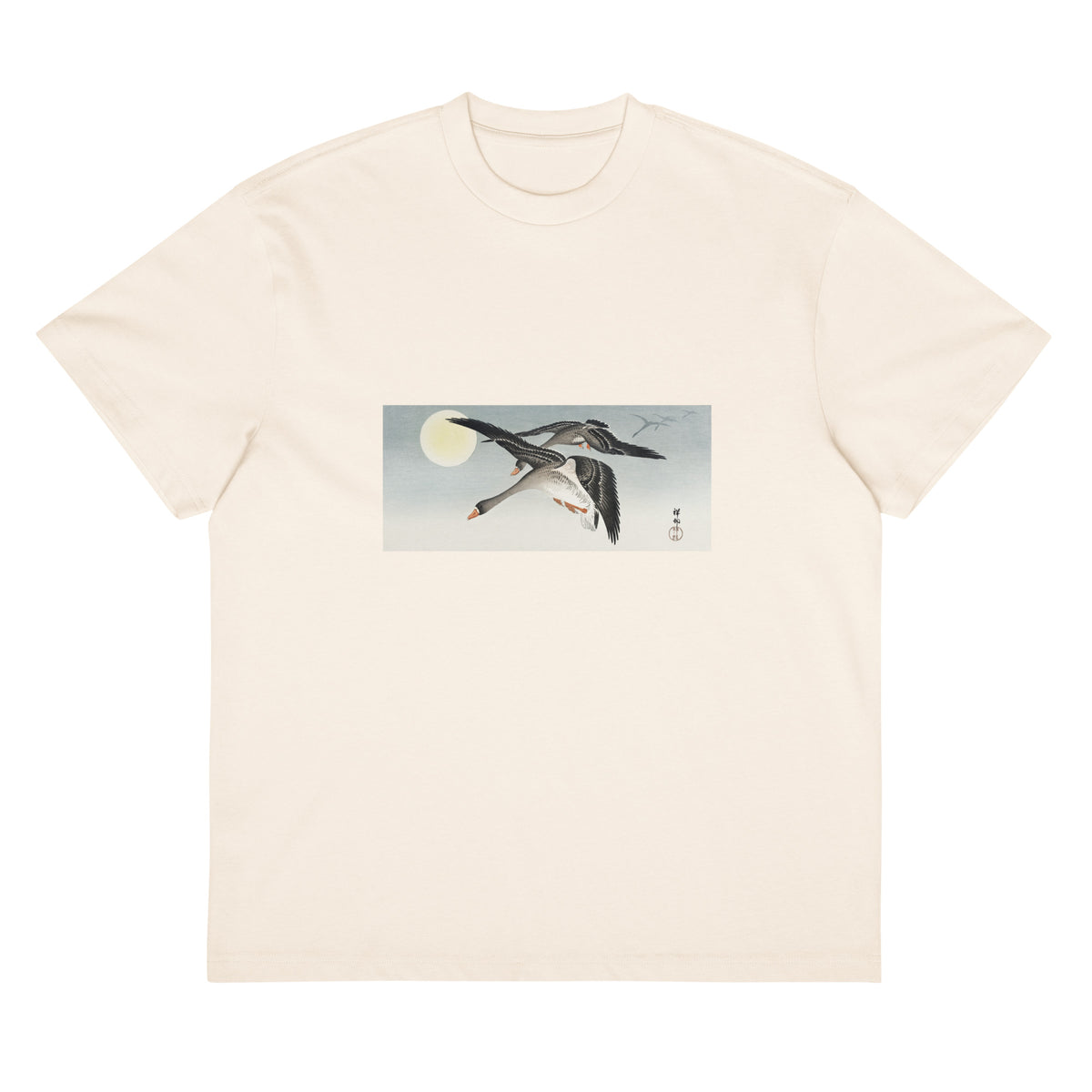 White T-shirt Birds At Full Moon - Ohara Koson 1900 Signature