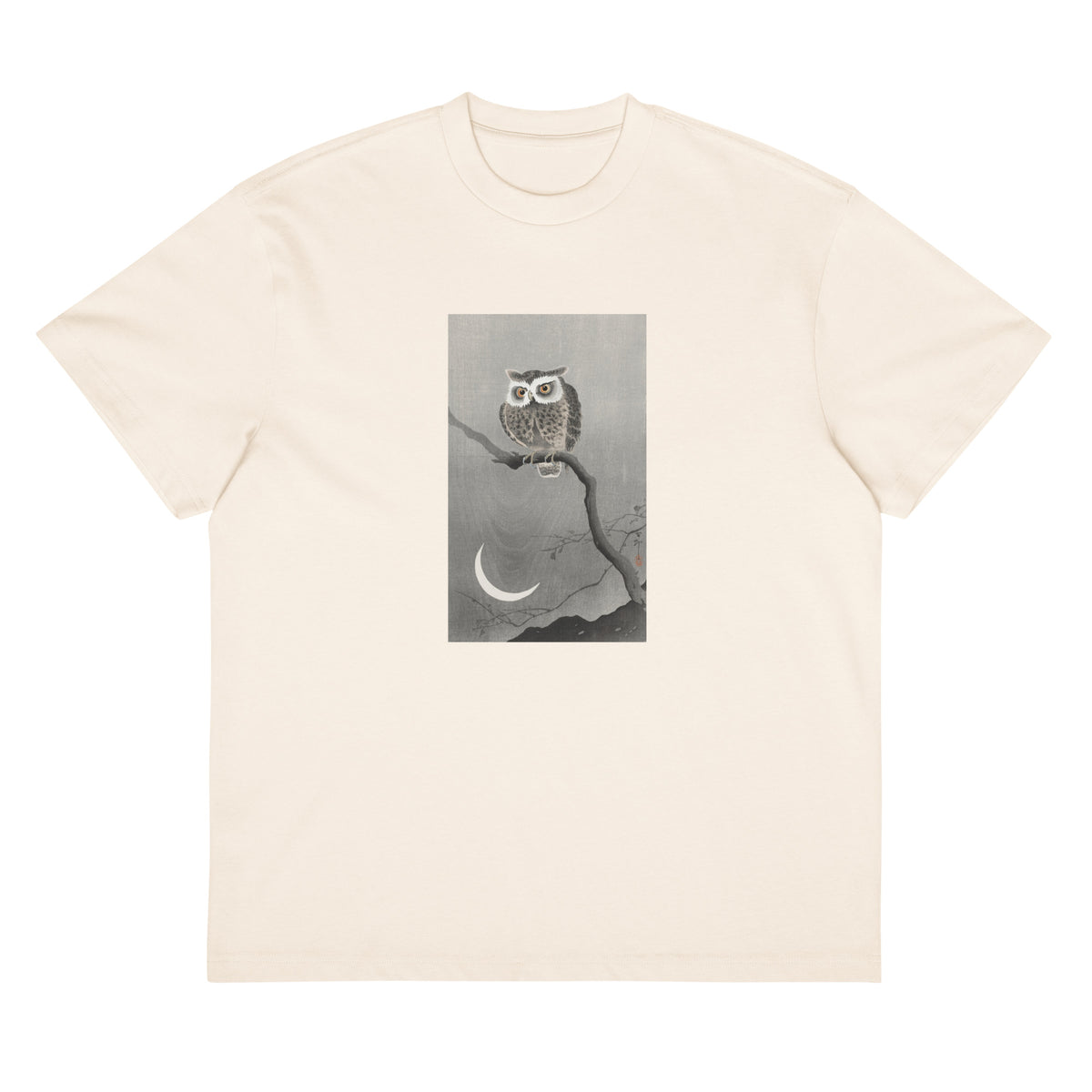 White T-shirt Long-Eared Owl On Bare Tree Branch - Ohara Koson 1900 Signature