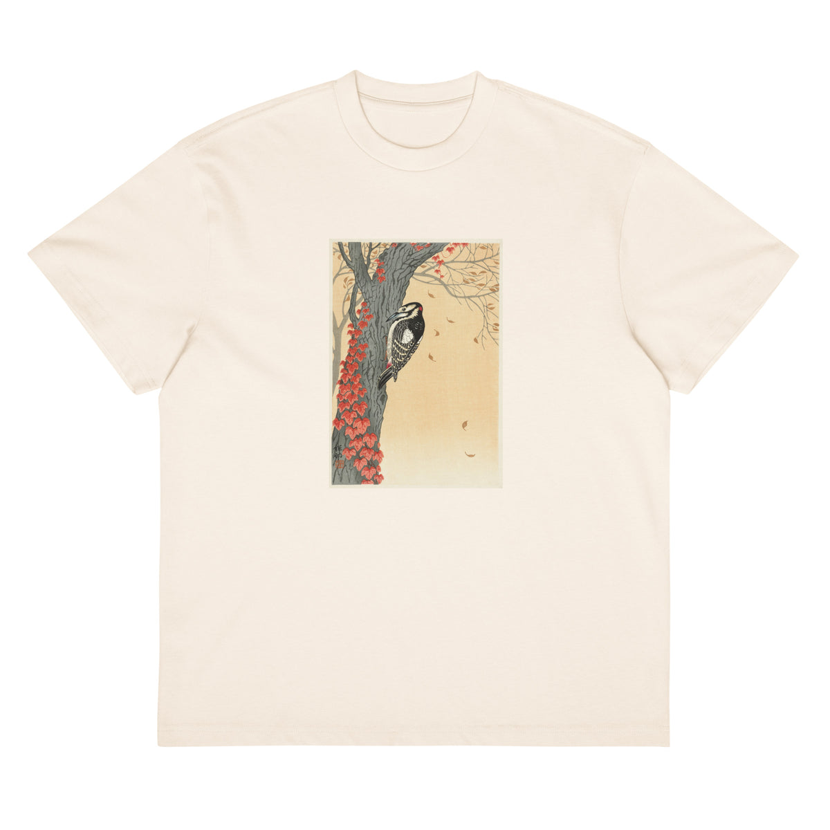 White T-shirt Great Spotted Woodpecker In Tree With Red Ivy - Ohara Koson 1925 Signature