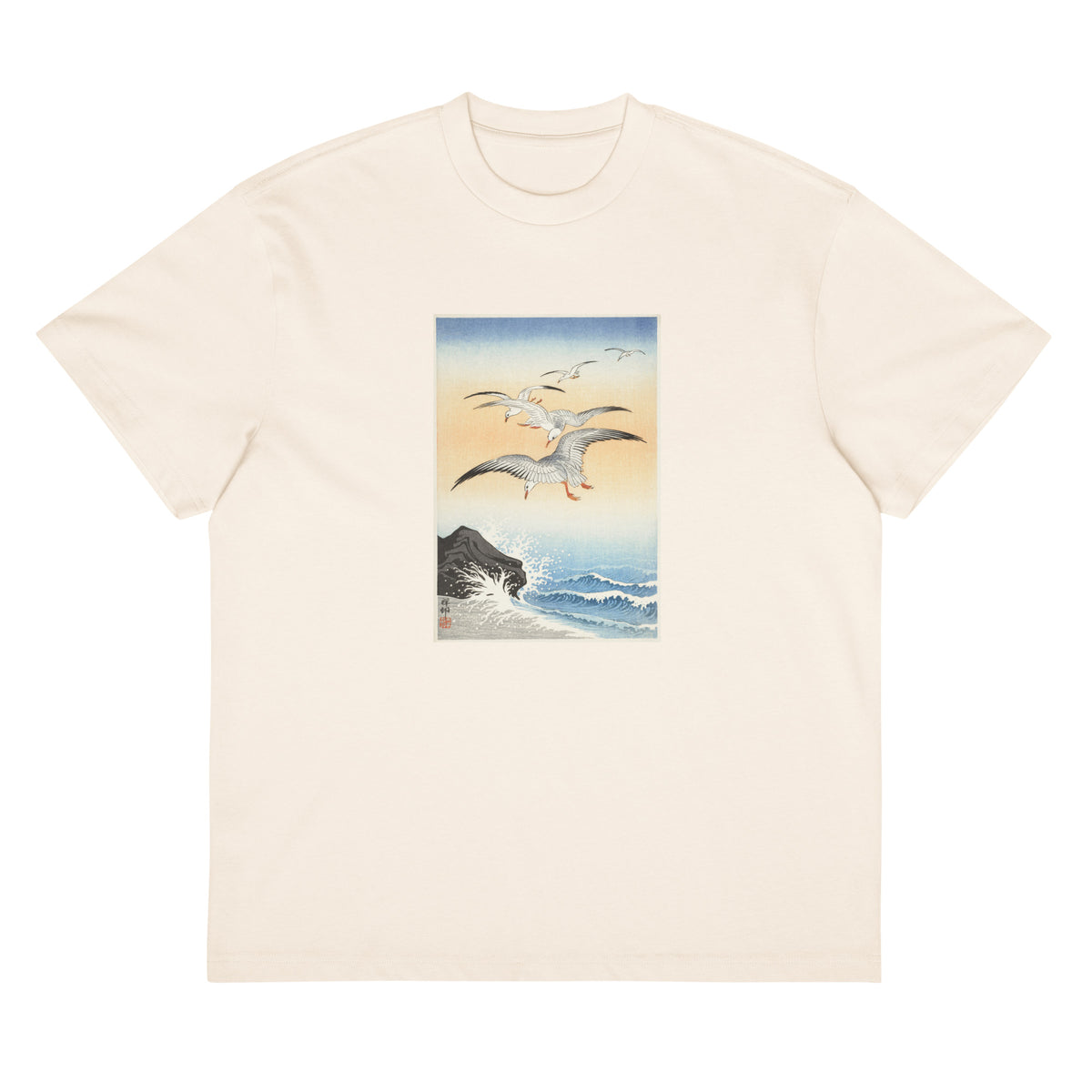 White T-shirt Five Seagulls Above Turbulent Sea - Ohara Koson 1900 Signature