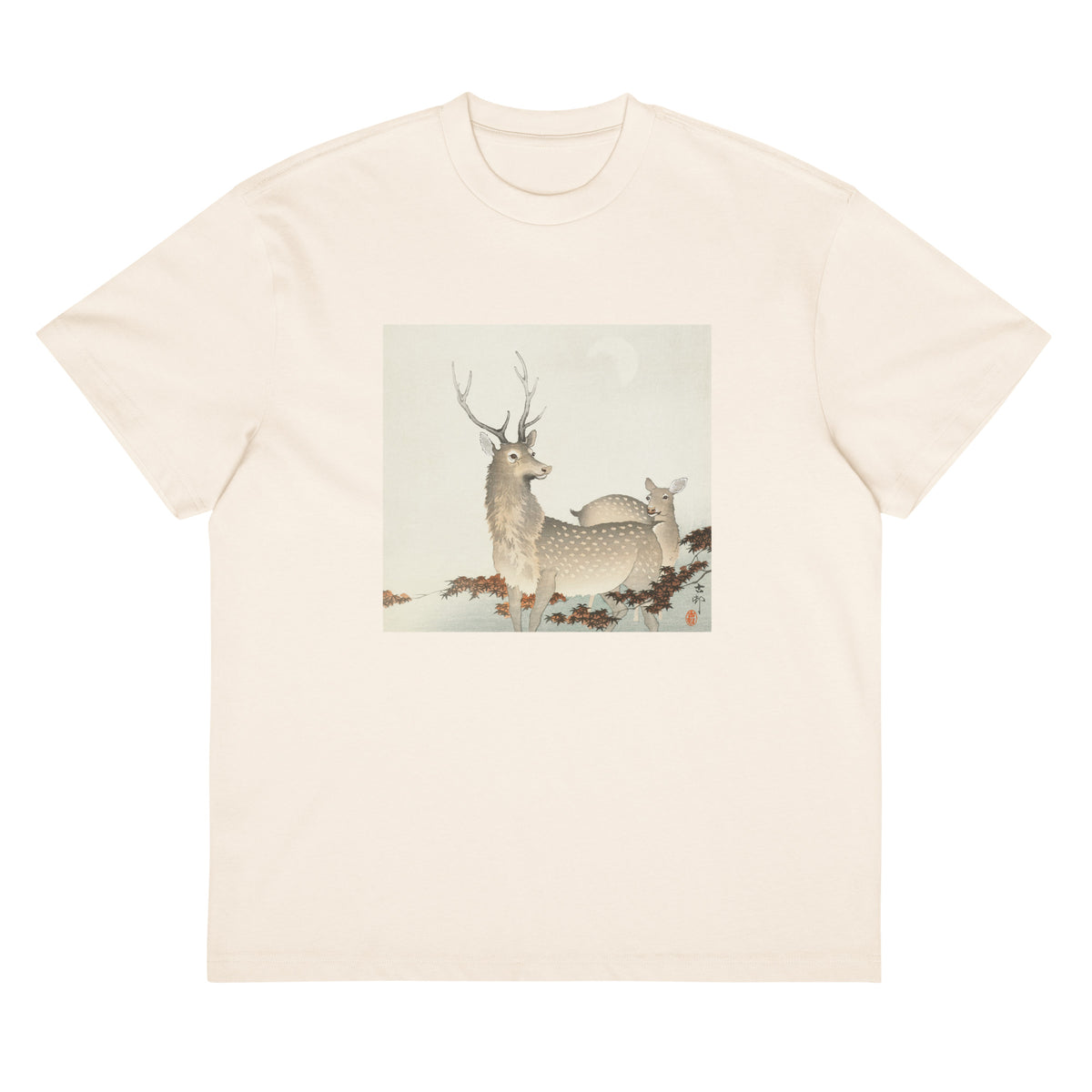 White T-shirt Couple Of Deers - Ohara Koson 1900 Signature