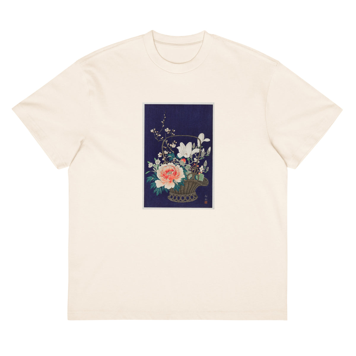 White T-shirt Bamboo Flower Basket - Ohara Koson 1932 Signature