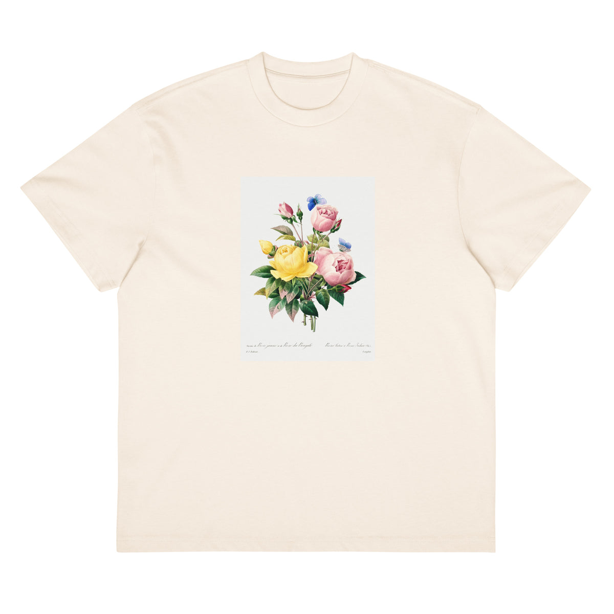 White T-shirt Yellow Rose And Cabbage Rose - Pierre-Joseph Redoute 1759 Signature