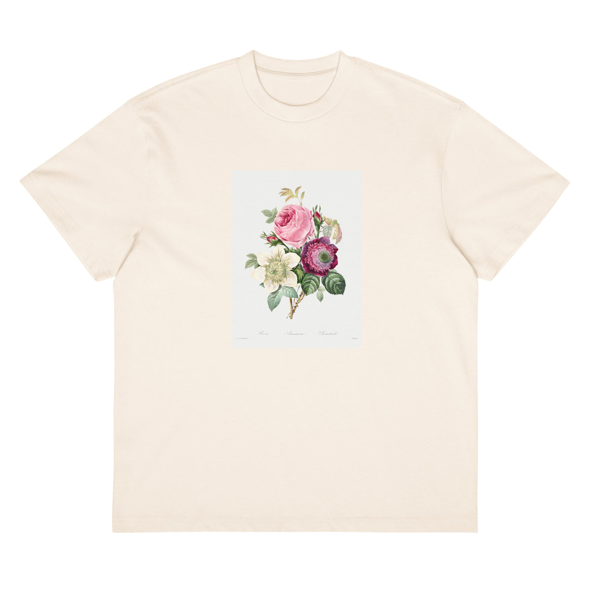 White T-shirt Anemone And Cabbage Rose - Pierre-Joseph Redoute 1759 Signature