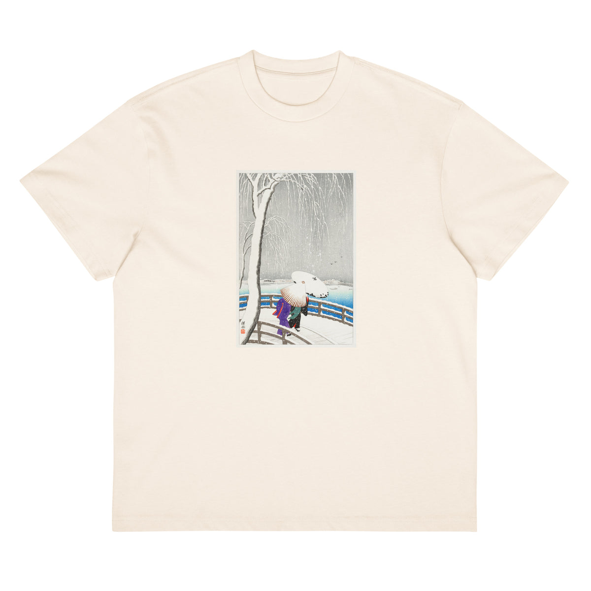 White T-shirt Two Women In The Snow On Yanagi Bridge - Ohara Koson 1927 Signature