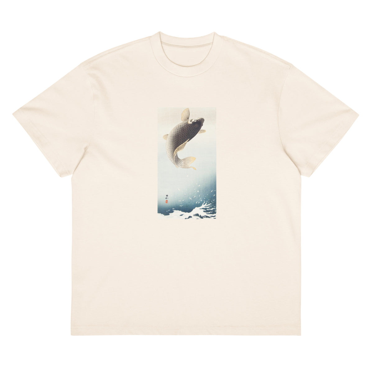 White T-shirt A Jumping Carp - Ohara Koson 1900 Signature