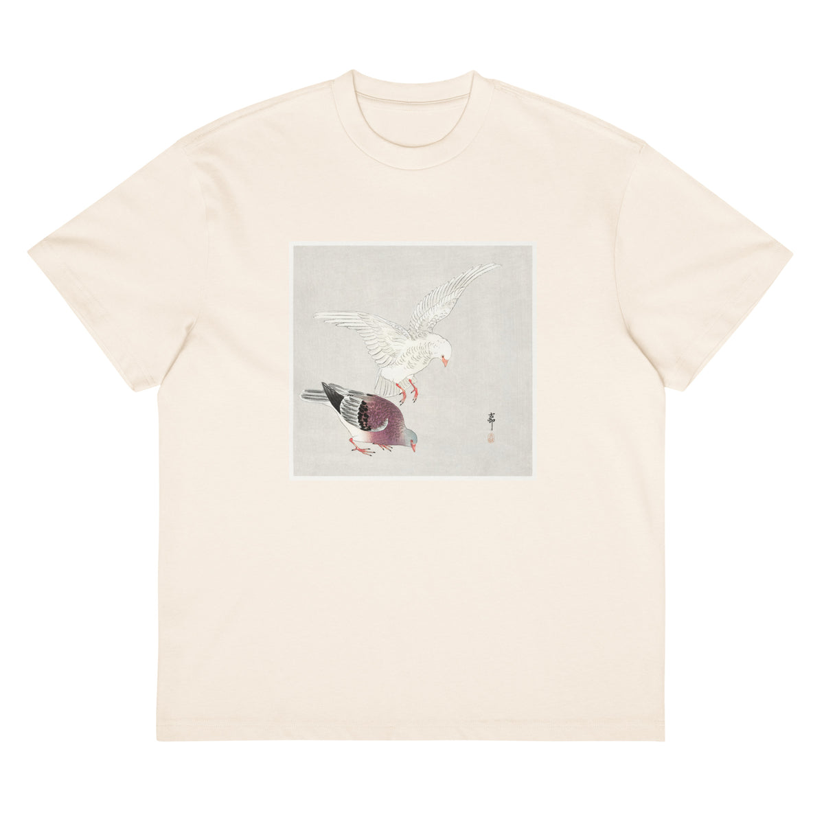 White T-shirt Two Pigeons - Ohara Koson 1877 Signature