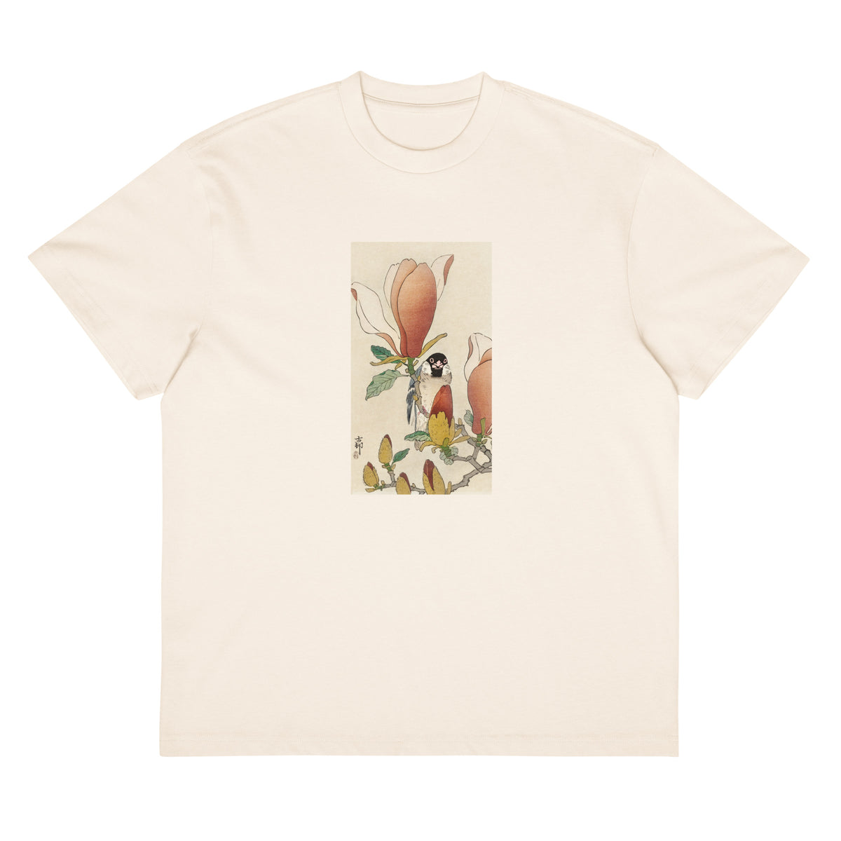 White T-shirt Sparrow On Blooming Magnolia Branch - Ohara Koson 1900 Signature
