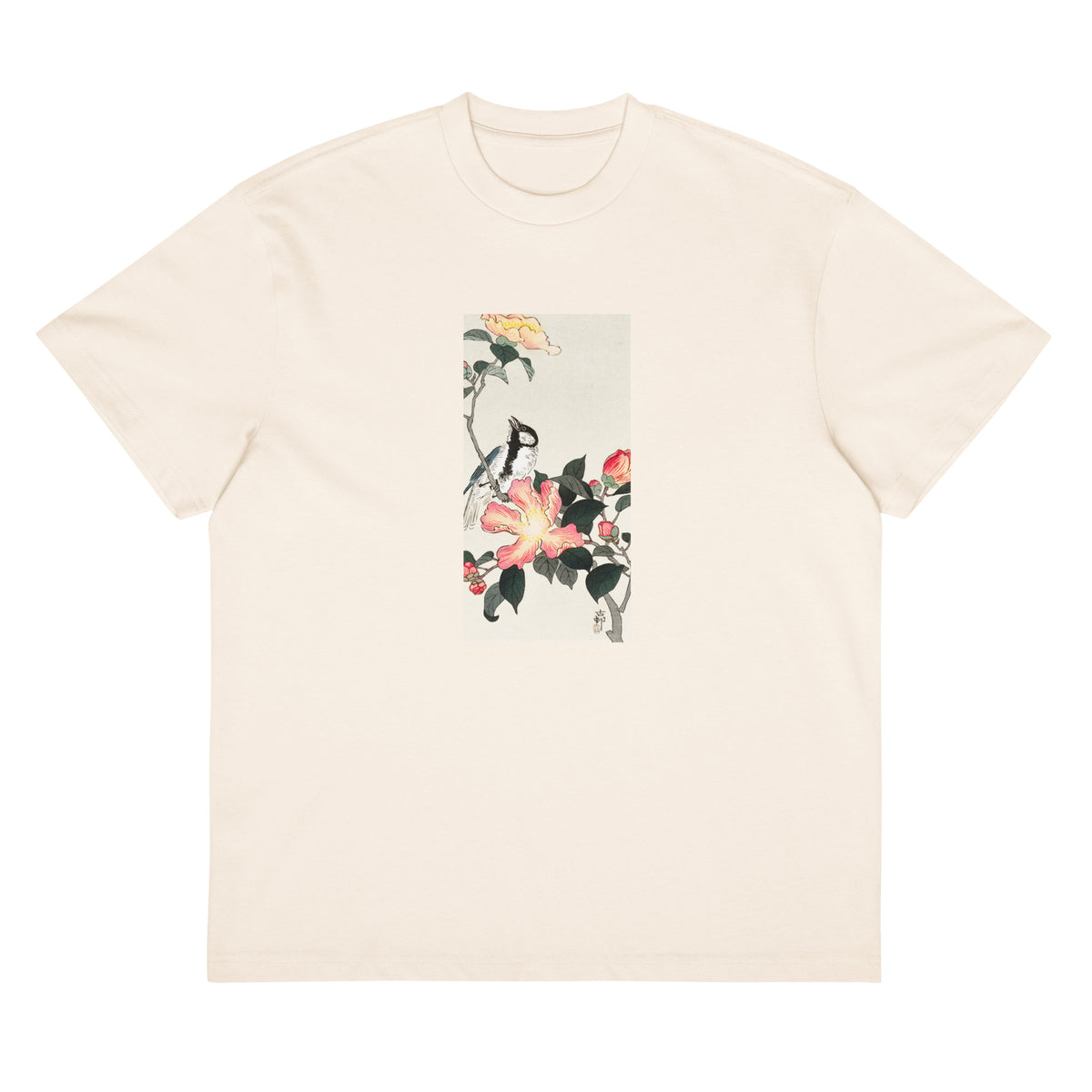 White T-shirt Great Tit On Branch With Pink Flowers - Ohara Koson 1900 Signature