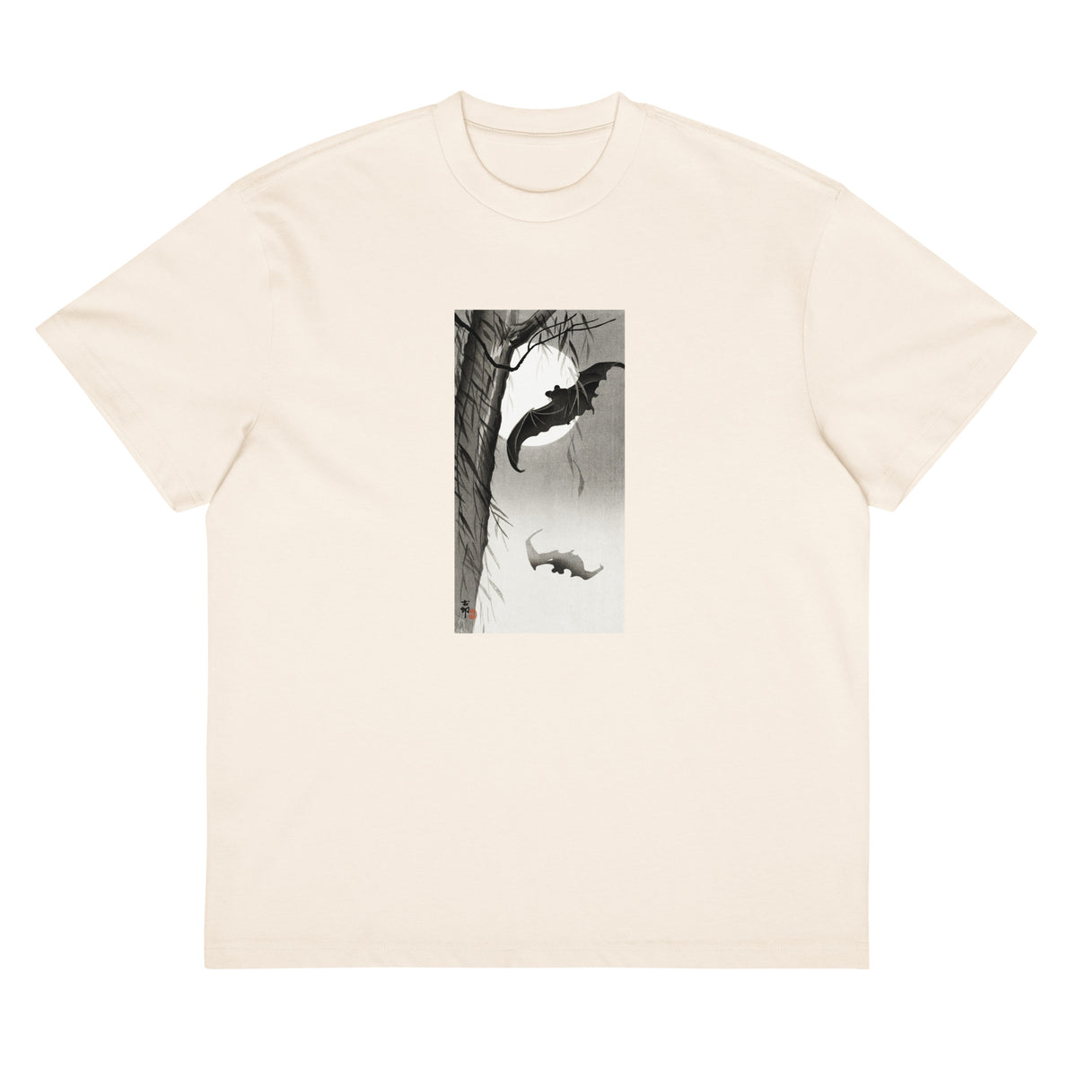 White T-shirt Bats Under The Full Moon - Ohara Koson 1900 Signature