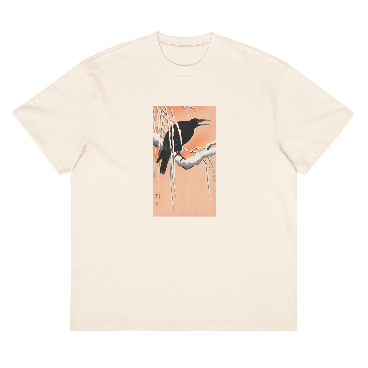 White T-shirt Crow On Snowy Branch - Ohara Koson 1900 Signature