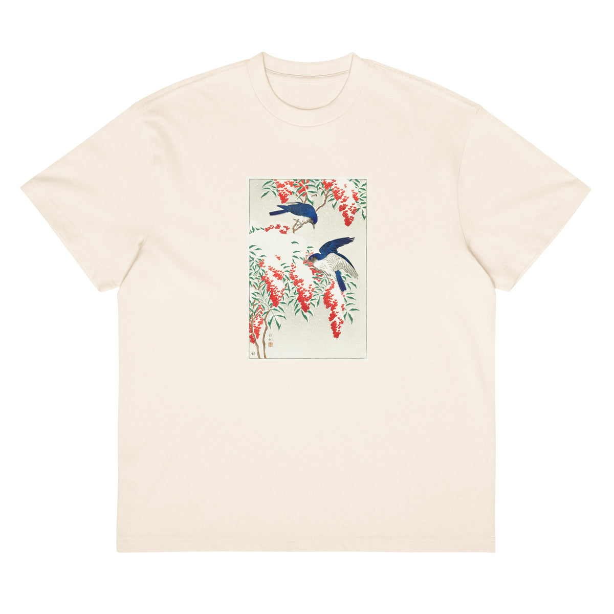 White T-shirt Flycatchers On A Nandina Bush - Ohara Koson 1925 Signature