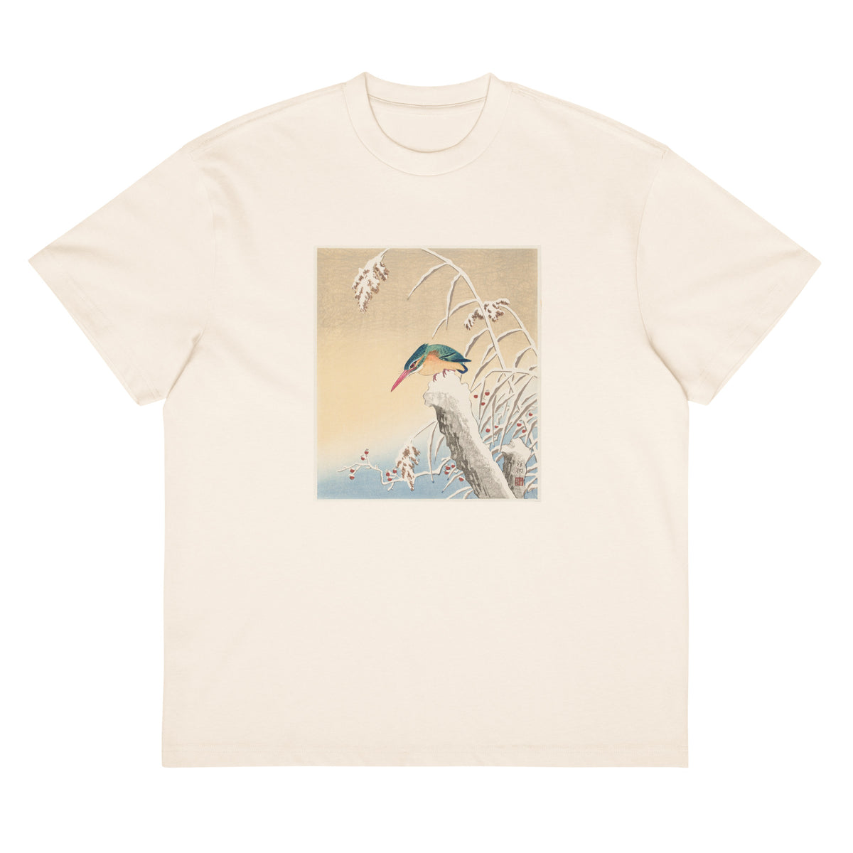 White T-shirt Kingfisher In The Snow - Ohara Koson 1925 Signature