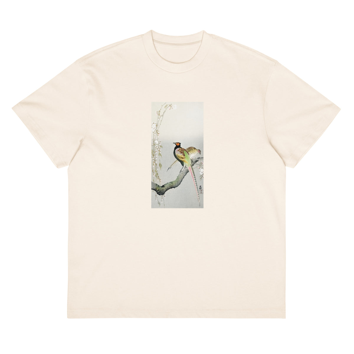 White T-shirt Couple Pheasants And Cherry Blossom - Ohara Koson 1900 Signature