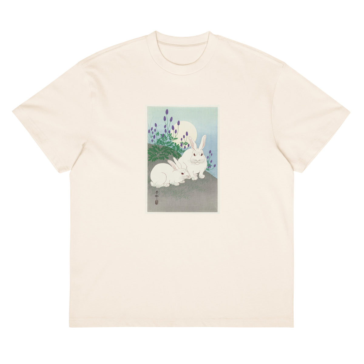 White T-shirt Rabbits At Full Moon - Ohara Koson 1920 Signature