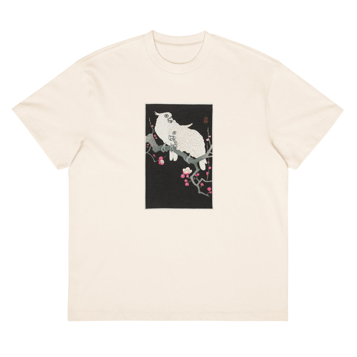 White T-shirt Two Cockatoo And Plum Blossom - Ohara Koson 1925 Signature