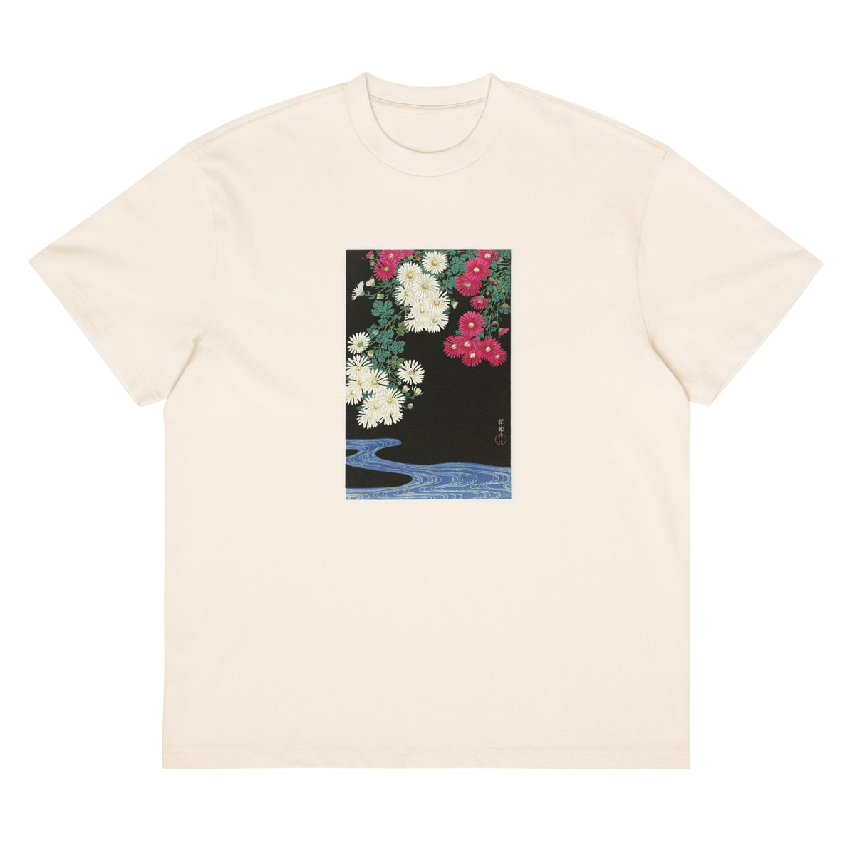 White T-shirt Chrysanthemums - Ohara Koson 1925 Signature
