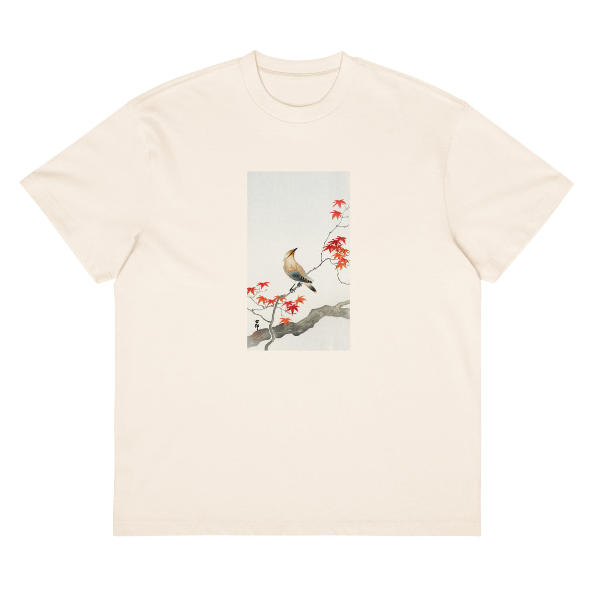 White T-shirt Japanese Plague Bird On Maple - Ohara Koson 1900 Signature