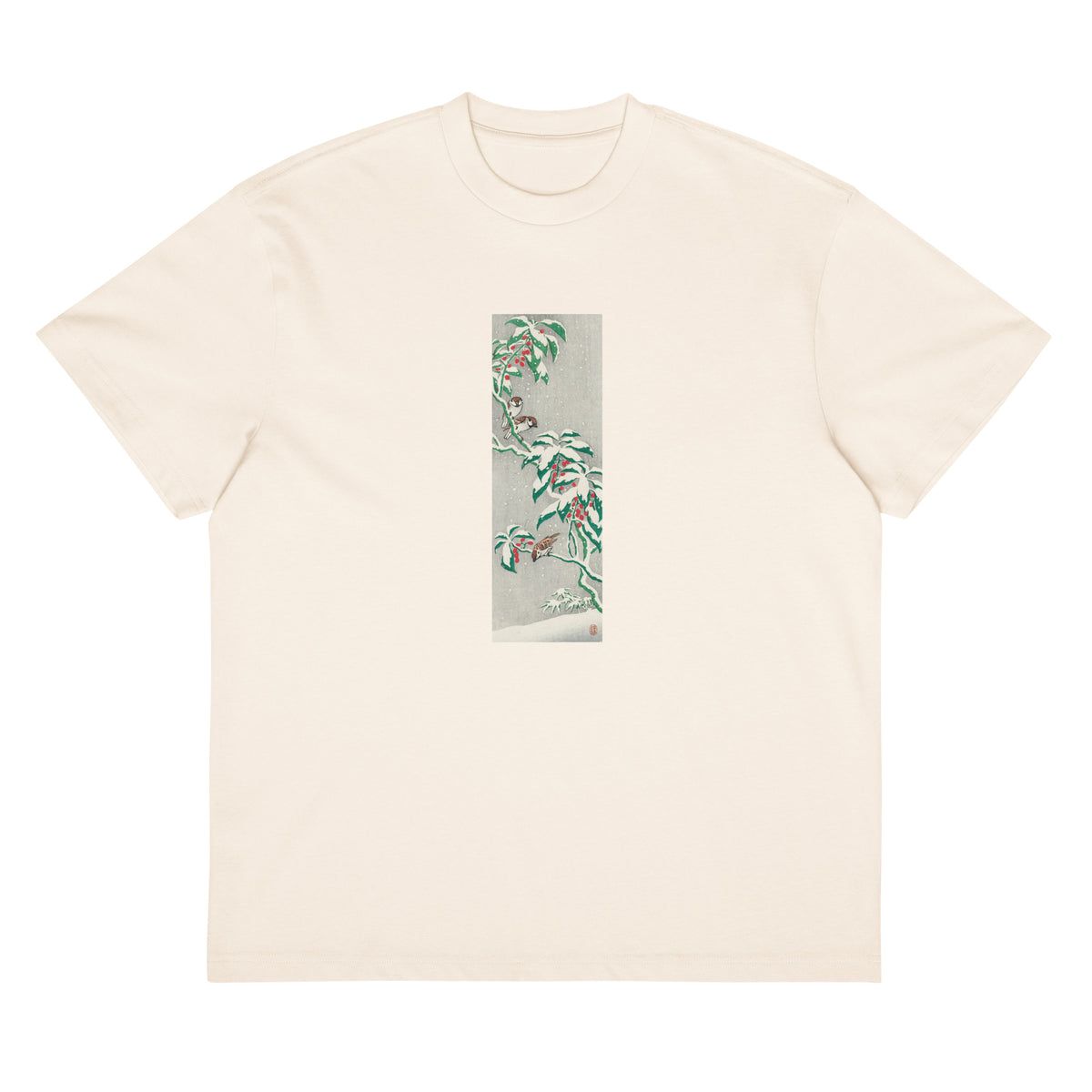 White T-shirt Sparrows On Snowy Berry Bush Signature