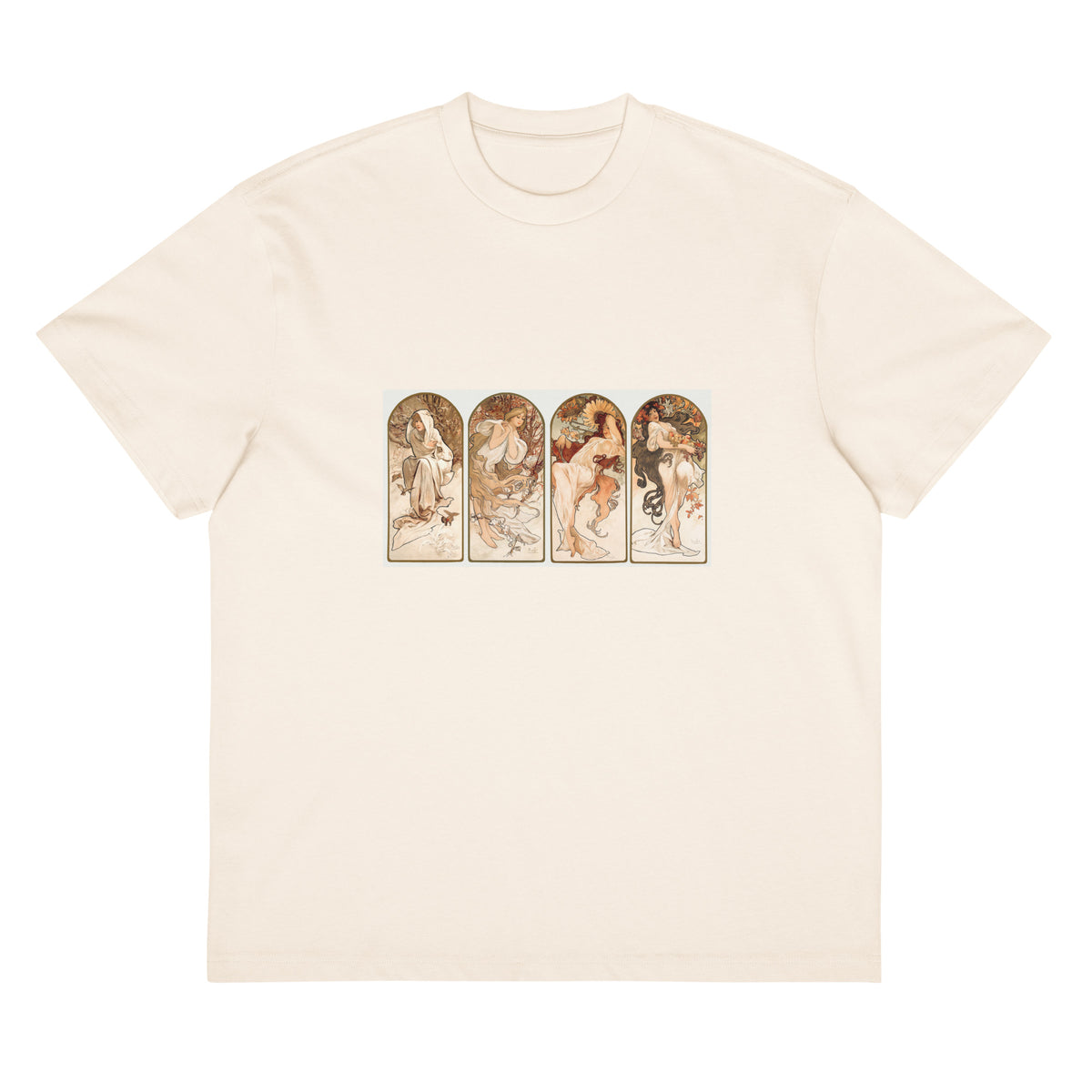 White T-shirt Alphonse Maria Mucha S The Seasons Famous Art Nouveau Artwork Signature