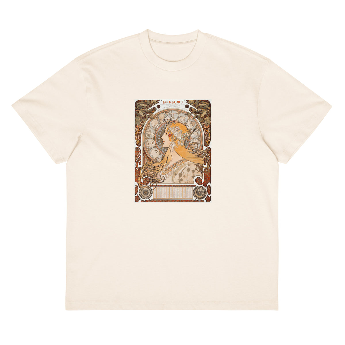 White T-shirt Alphonse Maria Mucha S Zodiaque Or La Plume Famous Art Nouveau Artwork Signature