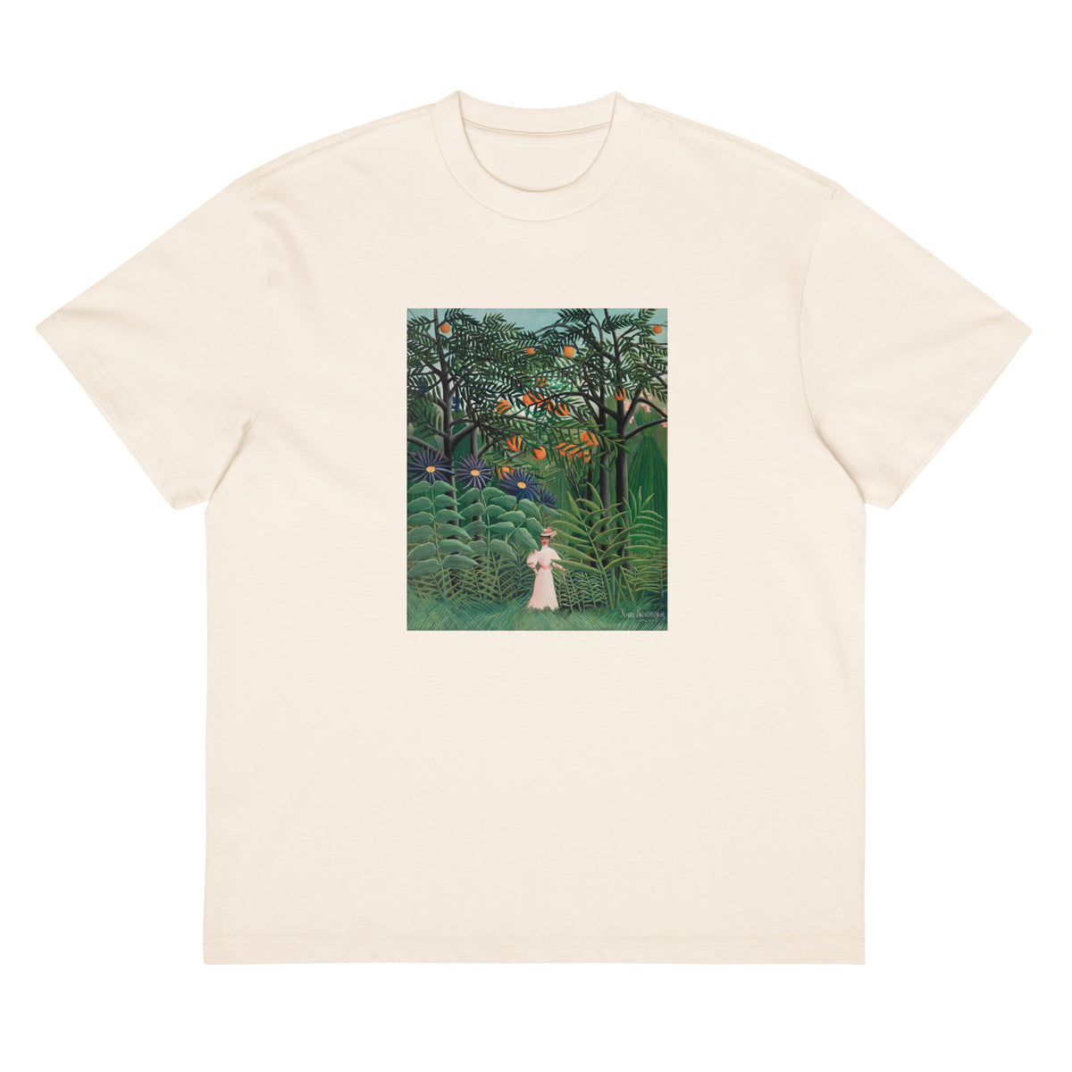 White T-shirt Woman Walking In An Exotic Forest Femme Se Promenant Dans Une Foret Exotique Signature