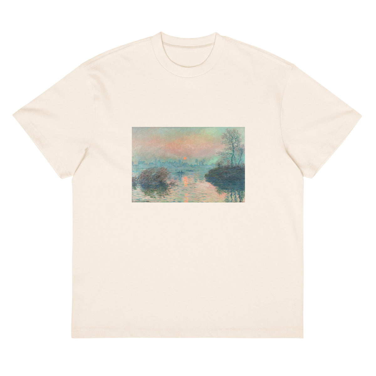 White T-shirt Sun Setting On The Seine At Lavacourt Claude Monet High Resolution Famous Painting Signature