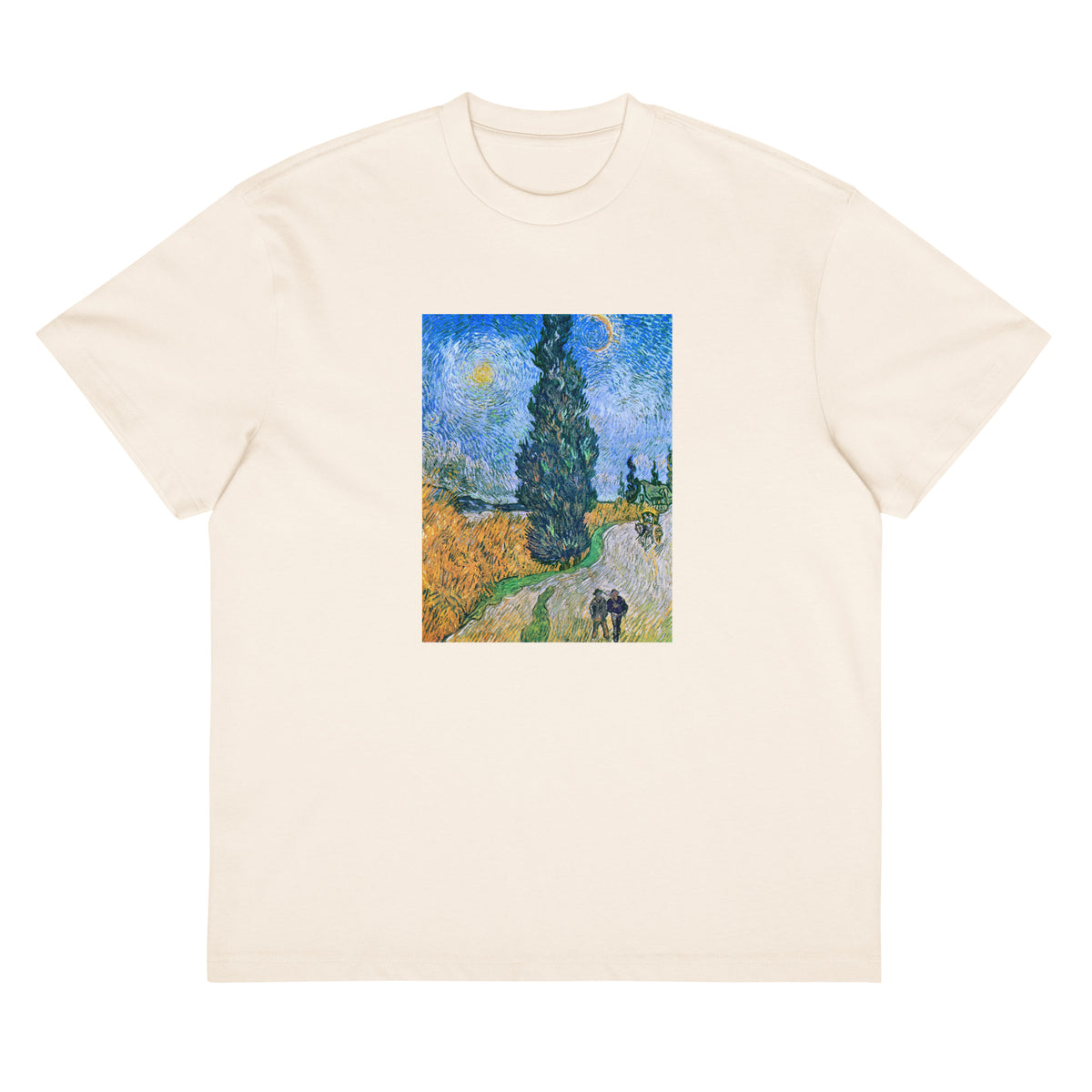 White T-shirt Vincent Van Gogh S Road With Cypress And Star Famous Painting Signature