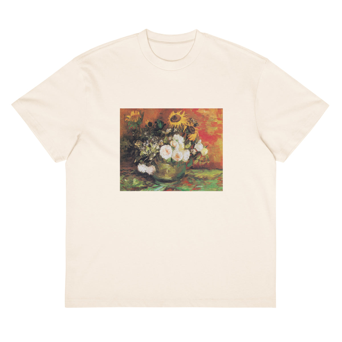 White T-shirt Vincent Van Gogh S Bowl With Sunflowers Roses And Other Flowers Famous Painting Signature