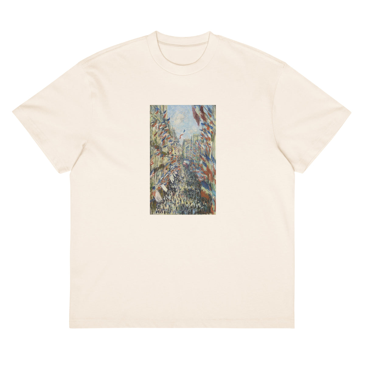 White T-shirt Claude Monet S The Rue Montorgueil In Paris Famous Painting Signature