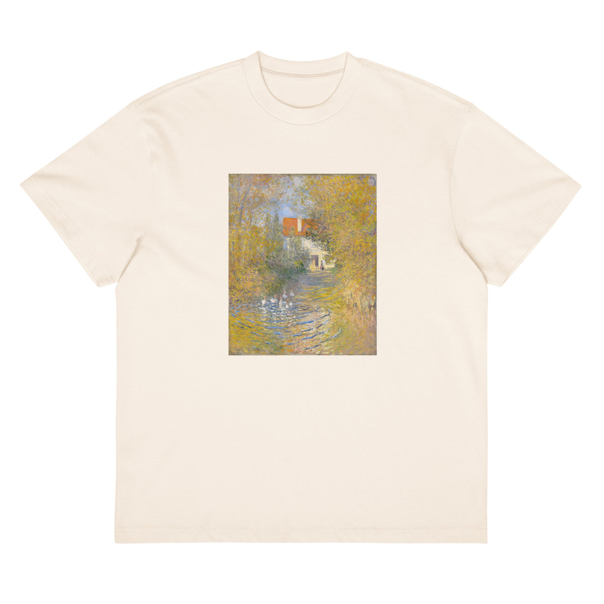 White T-shirt Claude Monet S The Geese Famous Painting Signature