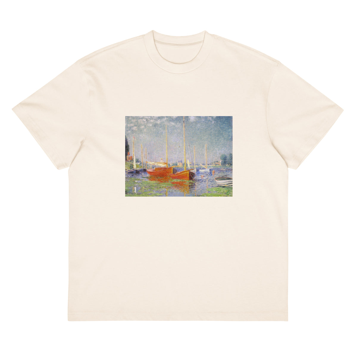 White T-shirt Claude Monet S Red Boats At Argenteuil Famous Painting Signature