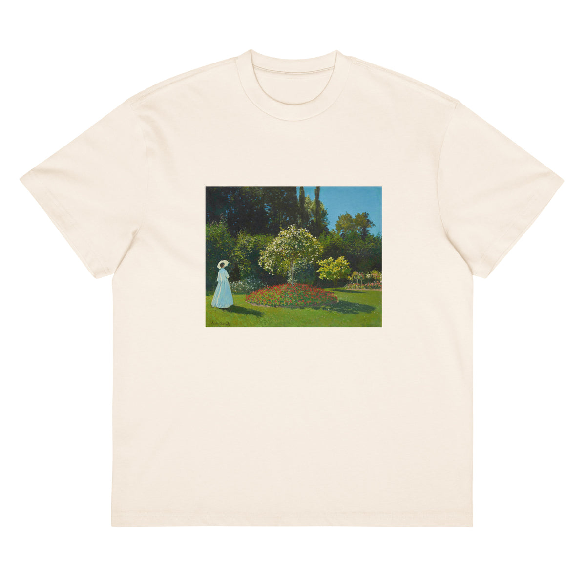 White T-shirt Claude Monet S Lady In The Garden Famous Painting Signature