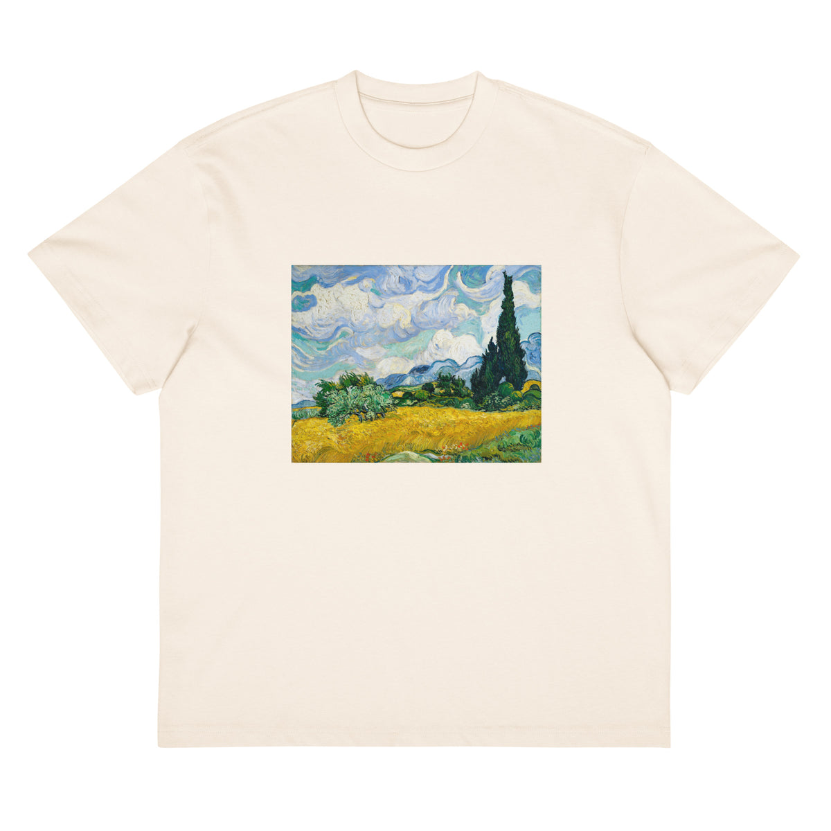 White T-shirt Vincent Van Gogh S Wheat Field With Cypresses Famous Painting Signature