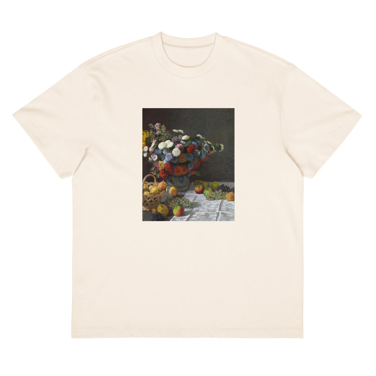 White T-shirt Still Life With Flowers And Fruit Signature
