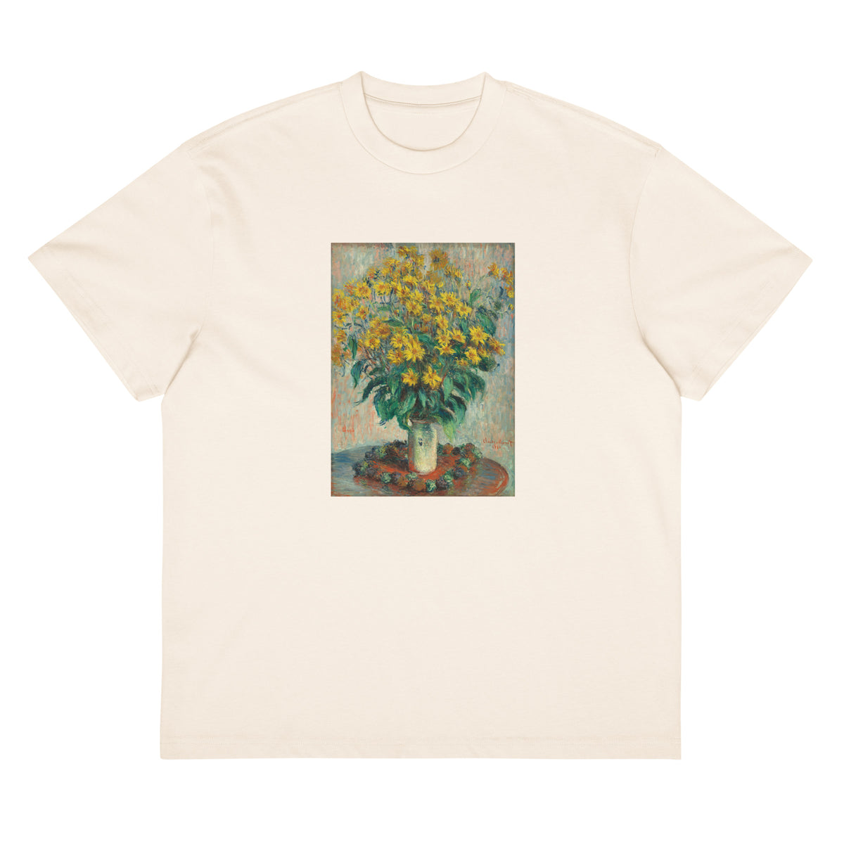 White T-shirt Jerusalem Artichoke Flowers Signature