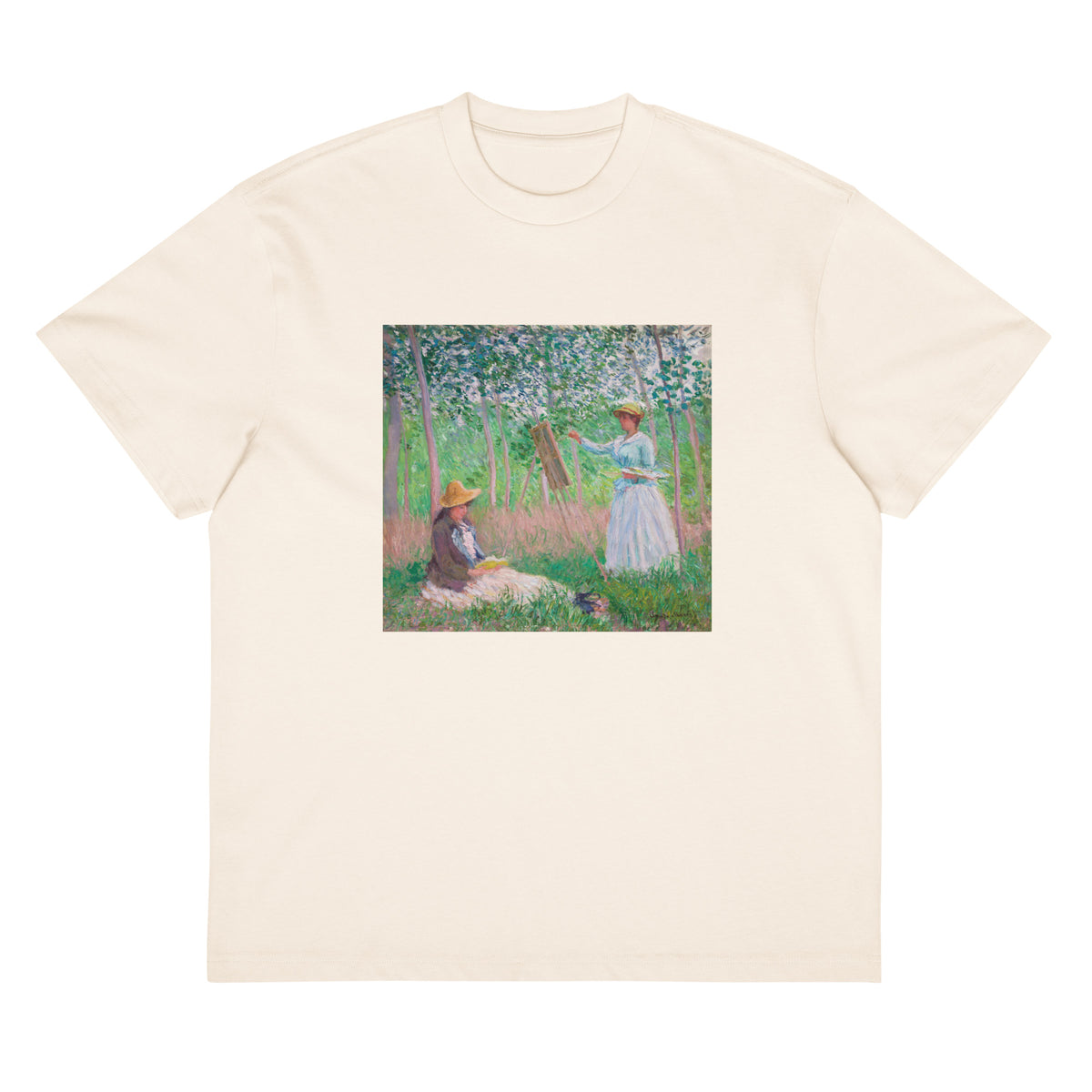 White T-shirt In The Woods At Giverny Blanche Hoschede At Her Easel With Suzanne Hoschede Reading Signature