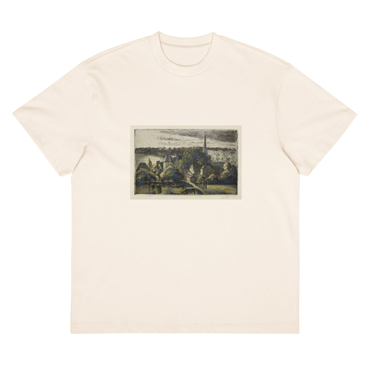 White T-shirt Church And Farm At Eragny Signature