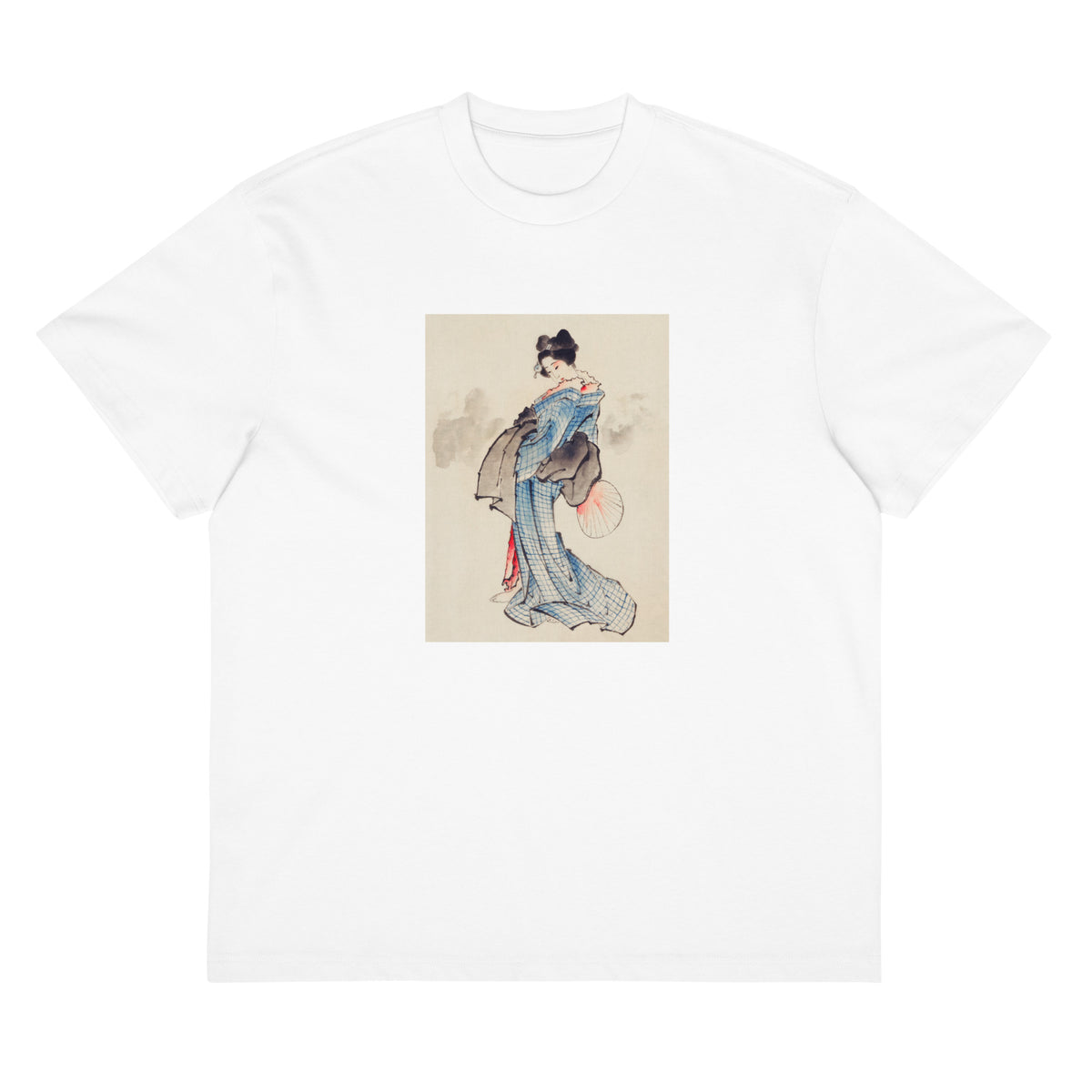 White T-shirt Woman Full-Length Portrait Standing Facing Left Holding Fan In Right Hand Wearing Kimono With Check Design - Katsushika Hokusai 1760 Signature