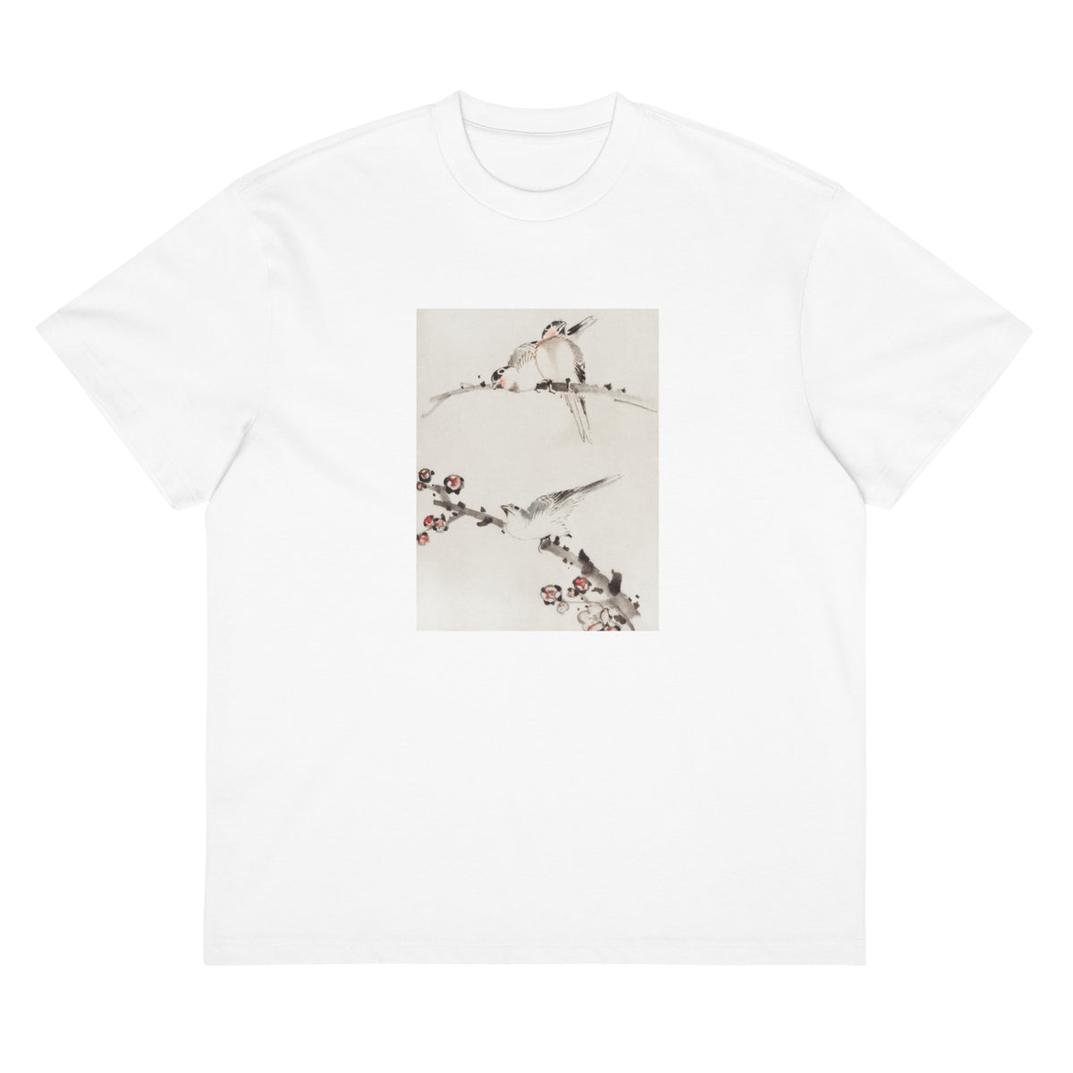 White T-shirt Three Birds Perched On Branches One With Blossoms - Katsushika Hokusai Published Between 1830 And 1850 An Illustration Of Three Birds Perched On Branches One With Blossoms Signature