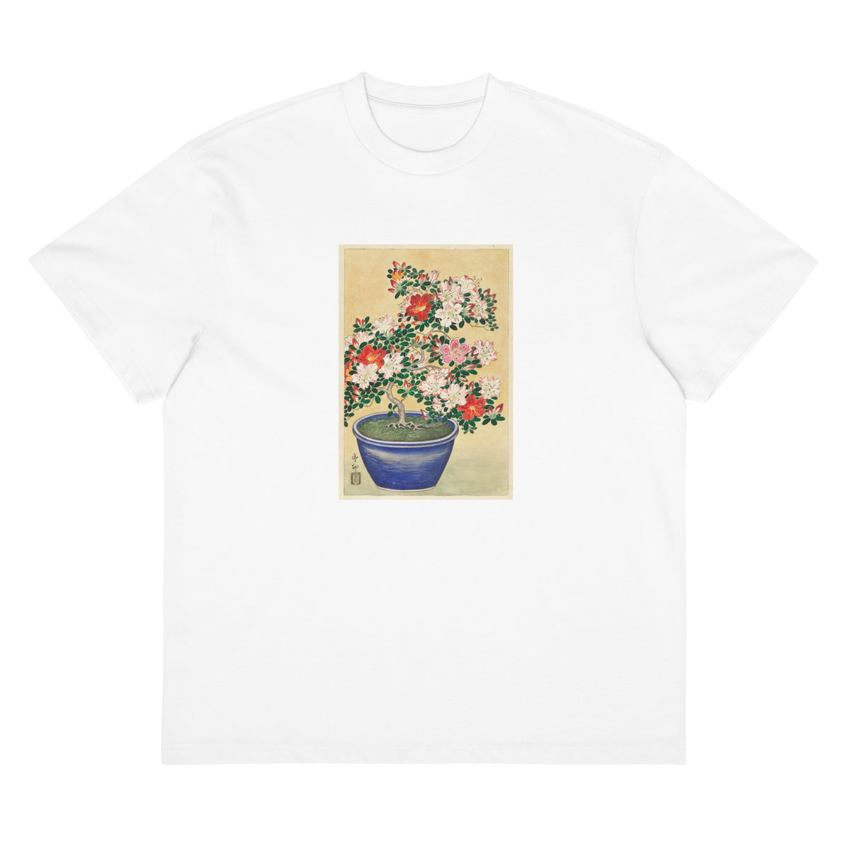 White T-shirt Blooming Azalea In Blue Pot - Ohara Koson 1920 Signature