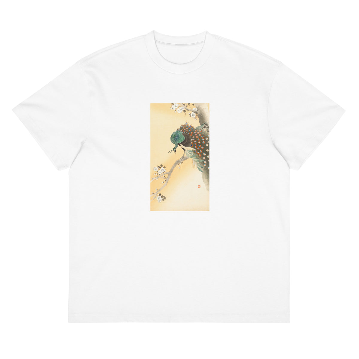 White T-shirt Peacock On A Cherry Blossom Tree - Ohara Koson 1900 Signature