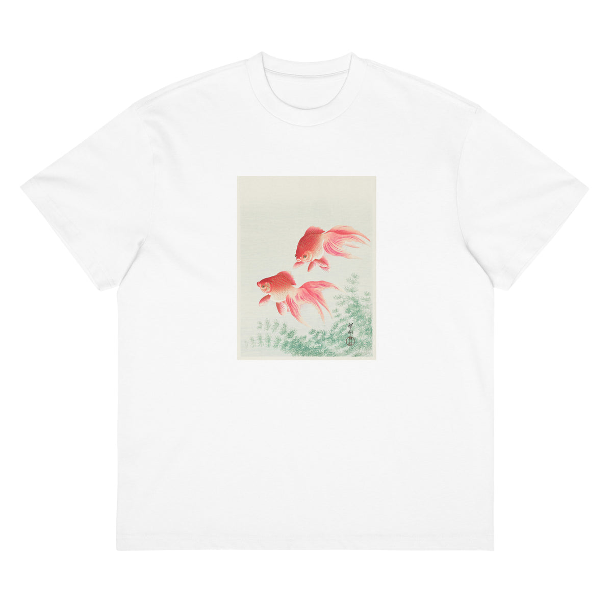 White T-shirt Two Veil Goldfish - Ohara Koson 1926 Signature