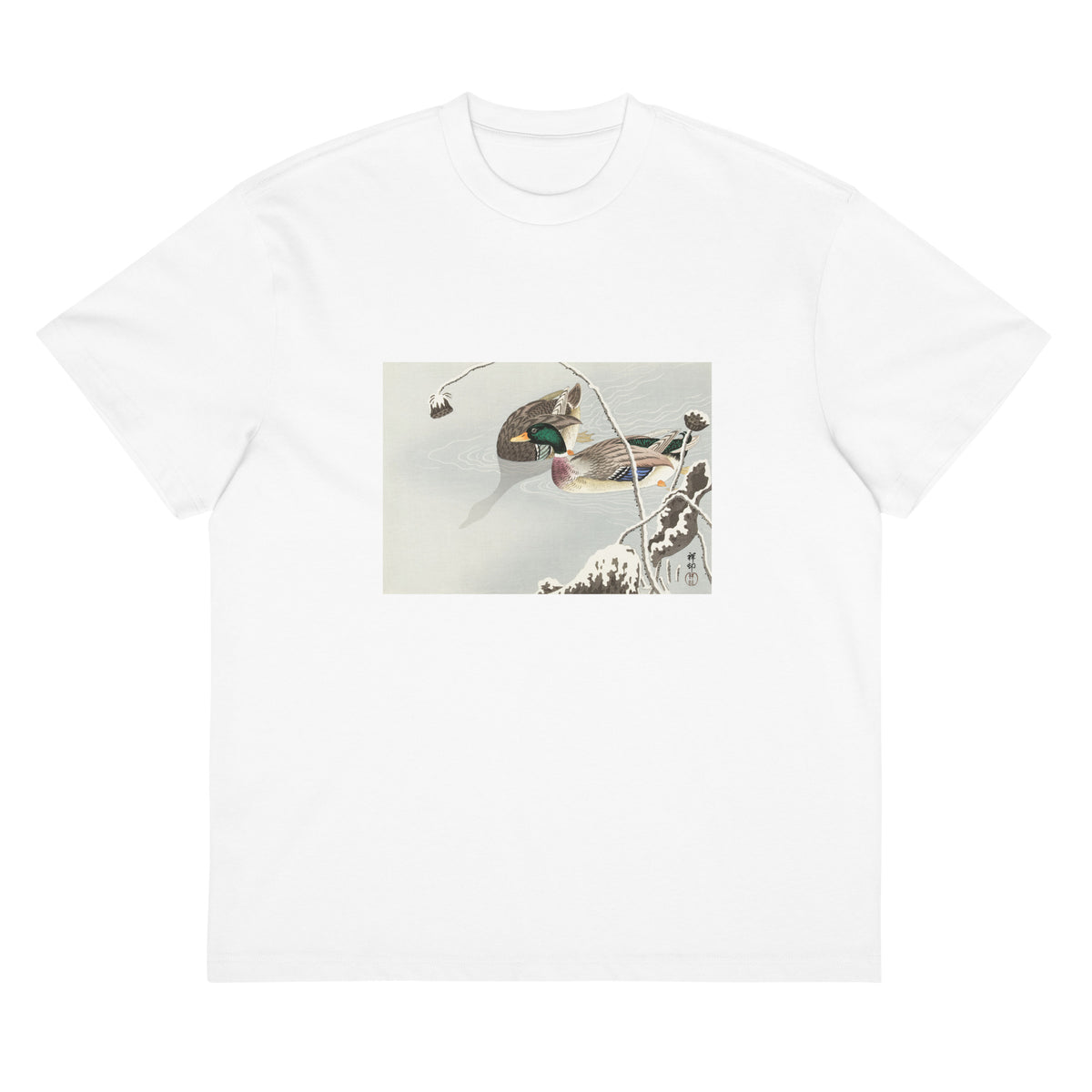 White T-shirt Two Mallards Near A Snow-Covered Lotus - Ohara Koson 1925 Signature