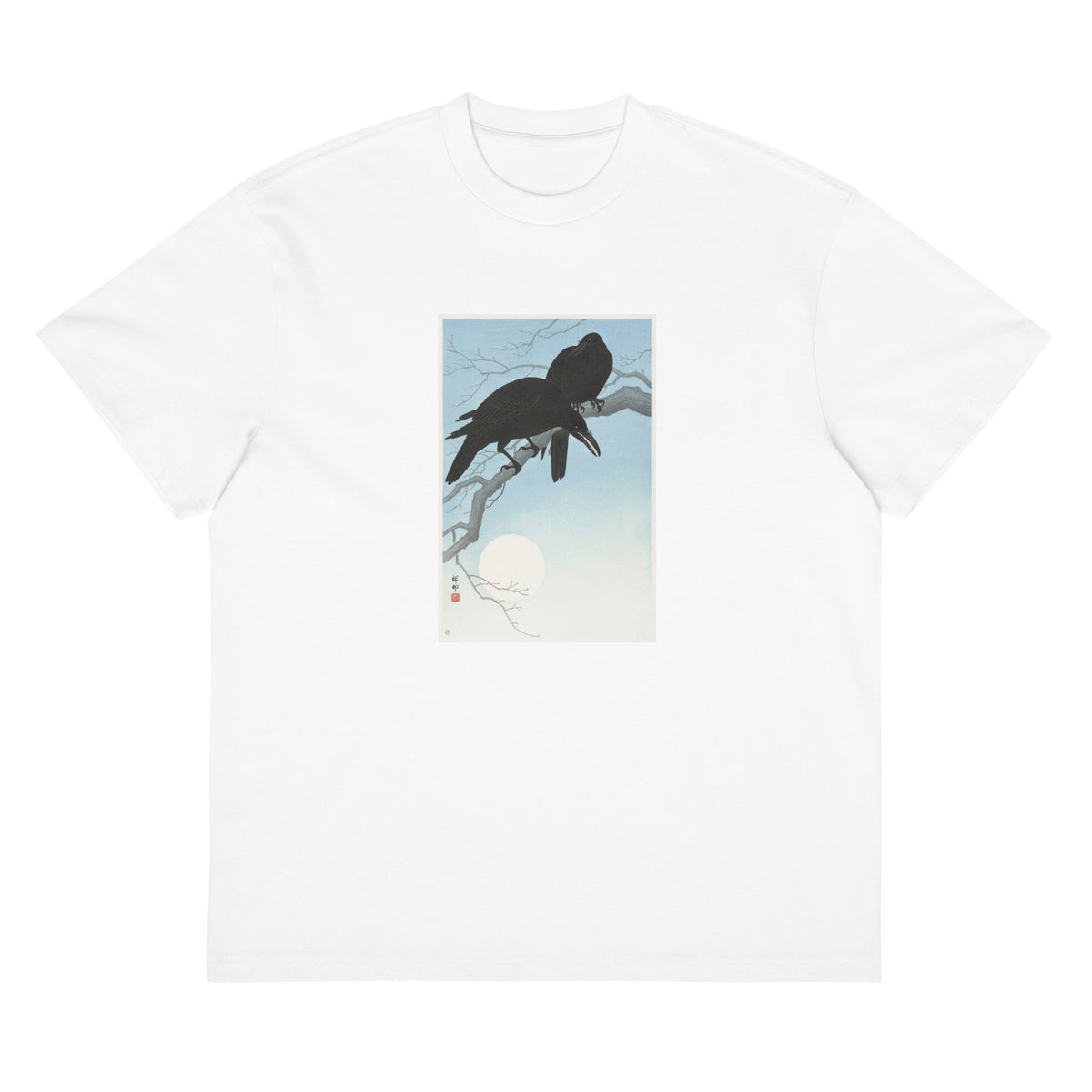 White T-shirt Two Crows On A Branch - Ohara Koson 1927 Signature